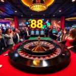 88 new promotions attract players at a vibrant casino scene with roulette table and slot machines.