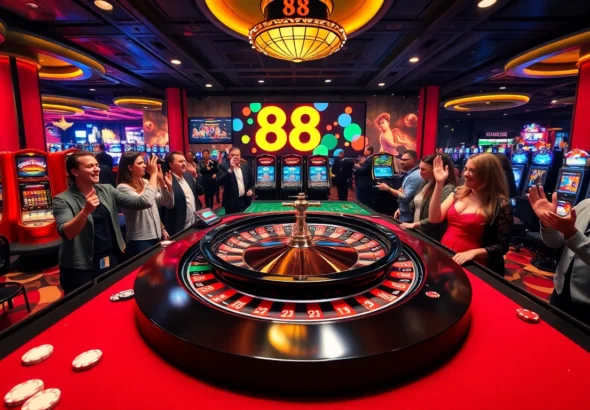 88 new promotions attract players at a vibrant casino scene with roulette table and slot machines.