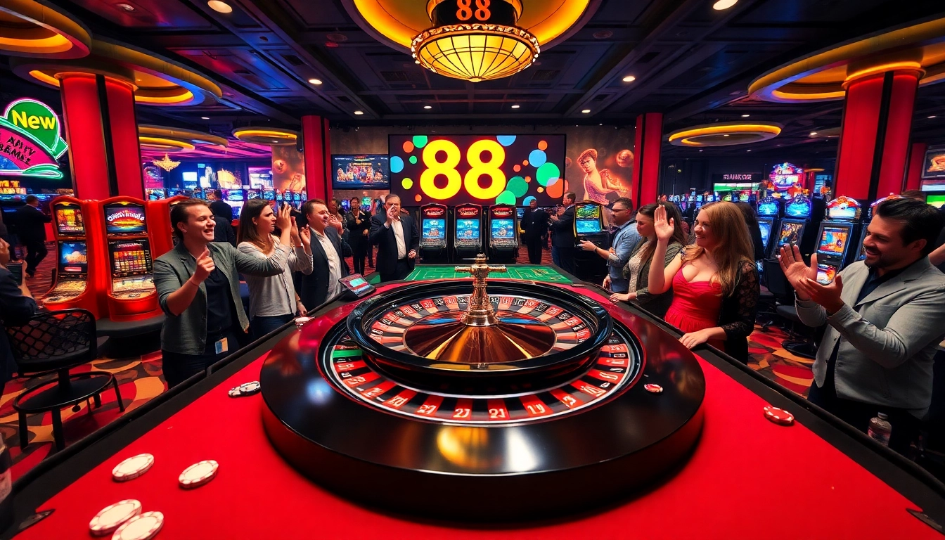 88 new promotions attract players at a vibrant casino scene with roulette table and slot machines.