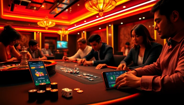 Experience the thrill of the nhà cái Go8 casino with players at a vibrant poker table and a glowing roulette wheel.
