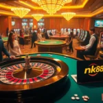 Players enjoy high-stakes gaming at nk88's luxurious casino floor with vibrant tables and machines.
