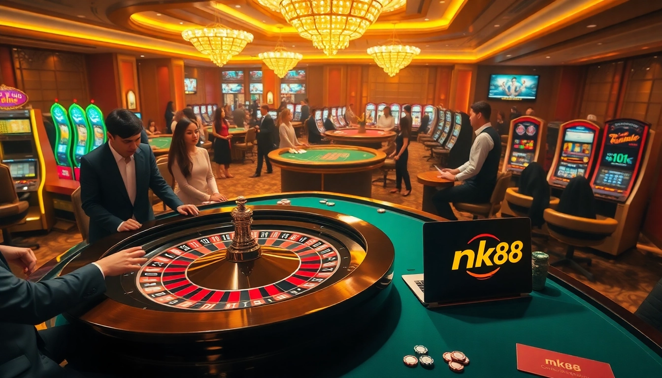 Players enjoy high-stakes gaming at nk88's luxurious casino floor with vibrant tables and machines.