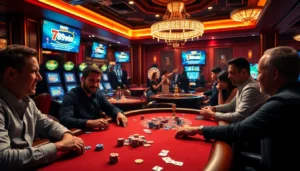 Experience the thrill of casino gaming tại 789win with players engaged in poker, vibrant with chips and cards.